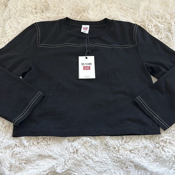 RE/DONE Cropped Varsity Tee in Black With Cream Stitch Size S - Picture 4 of 8